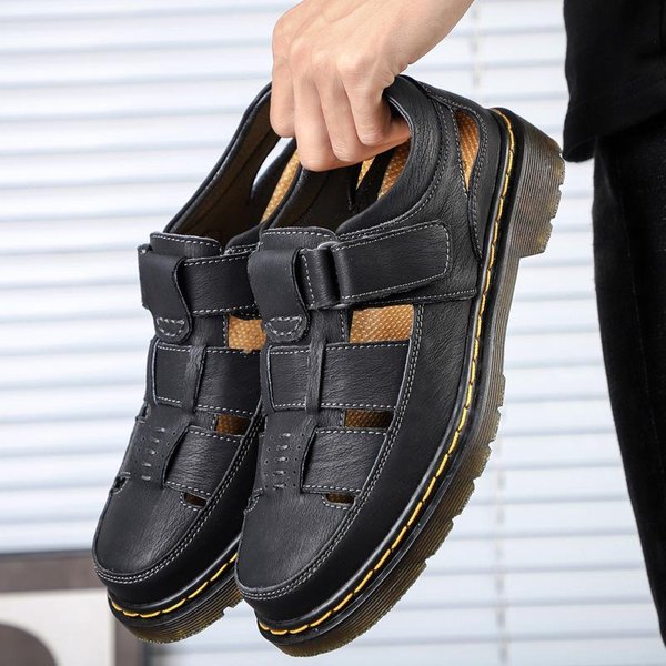 Sandalias Casuales De Plataforma Para Hombre De Cuero Genuino Punta Cerrada Velcro Talla Grande Zapatos De Hombre 48-image