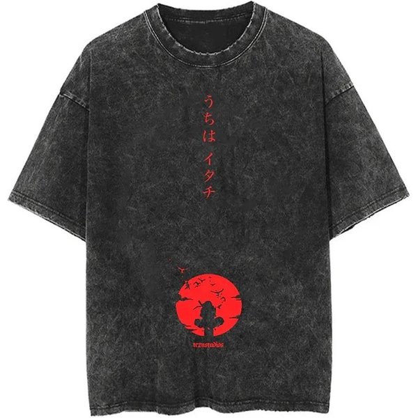Camiseta Lavada Streetwear Hip Hop Camiseta Con Estampado De Anime JaponéS Naruto Top Vintage Harajuku AlgodóN Hombre Verano Manga Corta Camiseta XL Black-image
