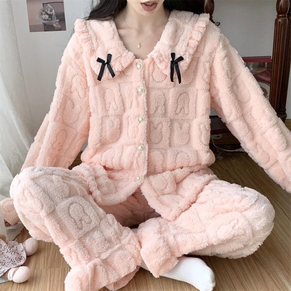Pijama Suave De Coral Fleece CáLido OtoñO Invierno Cardigan De Manga Larga Pantalones Ropa De Casa Conjunto De Dos Piezas Holgado Casual Ropa De Dormir XL-image