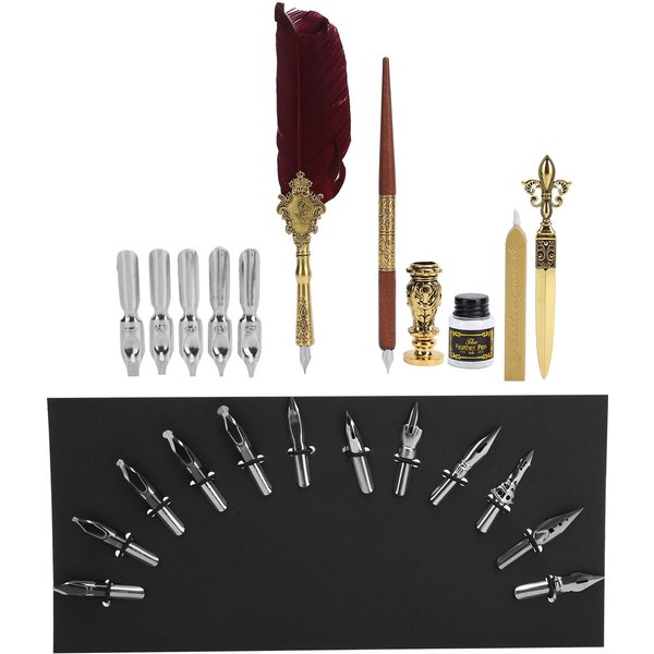 Set De Pluma De Ave CaligrafíA Escritura Dibujo Pluma Dip Kit ColeccióN De Arte ArtesaníA Vintage SP248006R Rojo Vino-image