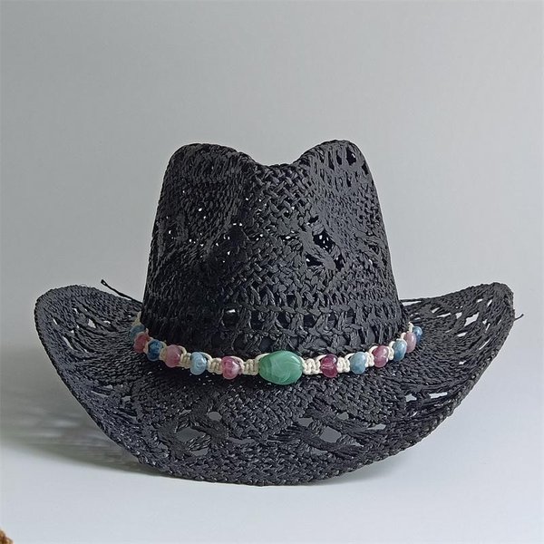 Sombrero De Paja Tejido A Mano De Verano Para Mujer DecoracióN De Conchas Sombrero De Sol Para Vacaciones En La Playa Chapeu Panama Femenino 55-58CM Black-image