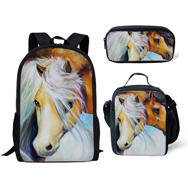 CláSico Popular Divertido Caballo De Flor Rota ImpresióN 3D 3 Uds/Set Alumno Mochilas Escolares Mochila Para PortáTil Mochila Diaria Bolsa De Almuerzo Estuche-image