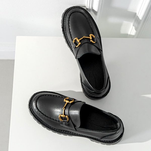 Zapatos De Cuero AutéNtico Suela Gruesa Mujer Primavera Nuevo Estilo BritáNico Slip-On Suela Blanda Mocasines Retro 37-image