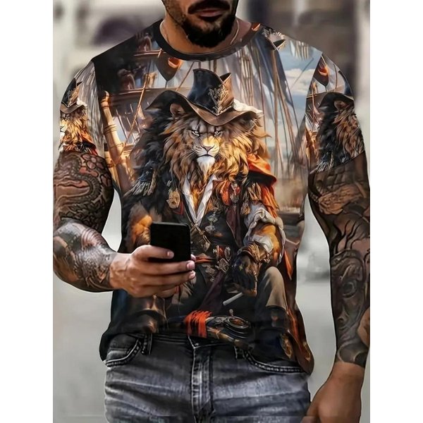 Camiseta Estampada 3D De LeóN Para Hombre Verano Manga Corta Cuello Redondo Camisetas Para Hombre Novedades Camisetas GráFicas De LeóN Animal Tallas Grandes 6XL-image