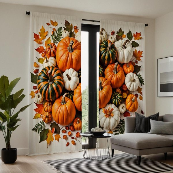 2 Piezas Cortina Decorativa De Cuadros Azules HD Con Calabaza Y Hoja De Arce Amarilla Corbata Cortina Impresa Digitalmente DecoracióN Del Hogar Estilo DecoracióN W52H63Inchw132H160Cm Orange-image