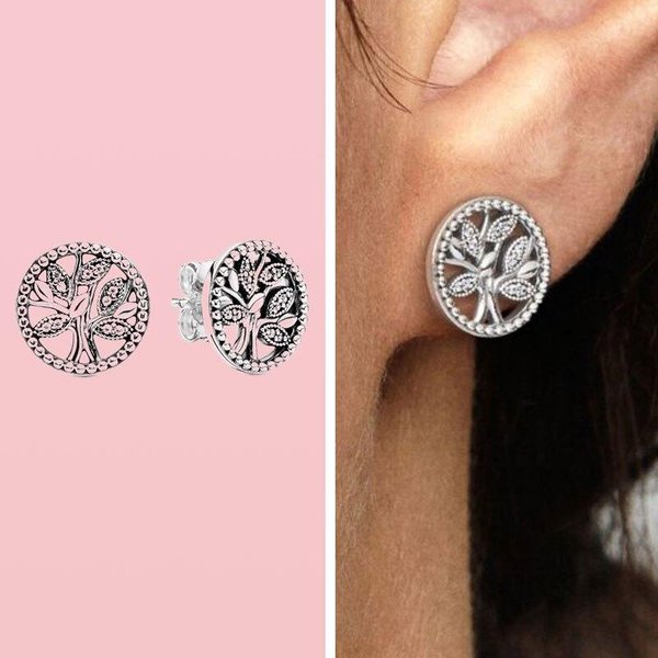 Pendiente De Plata De Ley 925 Pendientes De Tuerca ÁRbol Familiar Brillante Para Mujer Pendientes Ajustados Pendientes JoyeríA Fina-image