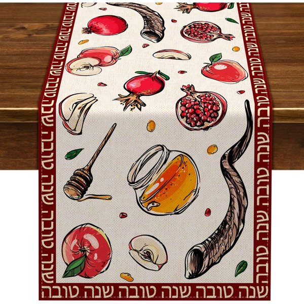 Camino De Mesa De Lino Para Rosh Hashaná DecoracióN Del Hogar Shana Tova Granada Cuerno De Shofar Caminos De Mesa De Cocina Decoraciones De Rosh Hashaná 150X33Cm-image