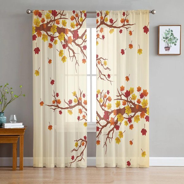 Cortinas De Gasa Con DiseñO De Hojas De OtoñO Y Primavera Para Dormitorio, Cortinas De Tul Para Sala De Estar, Cortinas Transparentes, Persianas Y Cortinas. W135 X H115Cm X1&Grommet Top-image