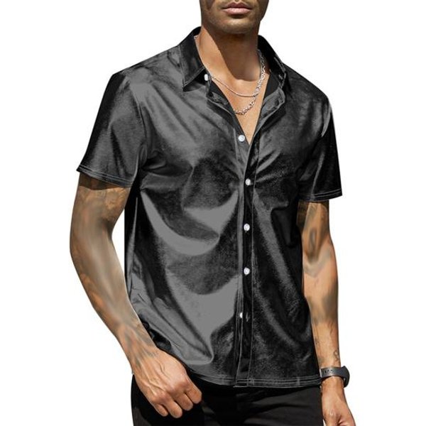 Camisa De Verano Para Hombre, Con Superficie Brillante, Cuello Vuelto, Botonadura Sencilla, Manga Corta, Suelta, Color SóLido, Para Fiesta, Discoteca, Baile, Ropa De Calle. 2XL Negro-image