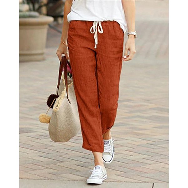 Pantalones Capri De Lino Y AlgodóN Con Cintura EláStica Para Mujer, PantalóN Informal, Holgado, De Color SóLido, Ajustado, Con CordóN Y Bolsillos Xxxl Brown-image