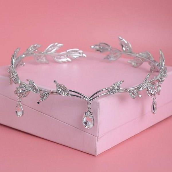 Luksusowa KryształOwa Korona śLubne Akcesoria Do WłOsóW śLub Rhinestone Waterdrop Liść Tiara Opaska Z Koroną Frontlet Brides BiżUteria Do WłOsóW! Srebro-image