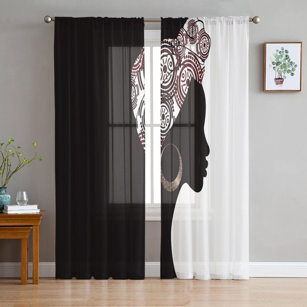 Cortinas De Tul Negras Africanas Para DecoracióN De Sala De Estar, Dormitorio, Cocina, Visillos Transparentes De Gasa, Cortinas De Ventana, Cortina Personalizada W135 X H115Cm X1&Grommet Top-image