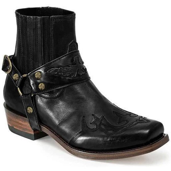 Botas De Motocicleta Para Hombre Botas Cortas De Vaquero Con Punta Cuadrada Retro Botas De Engranaje De Caballo 48 Black-image