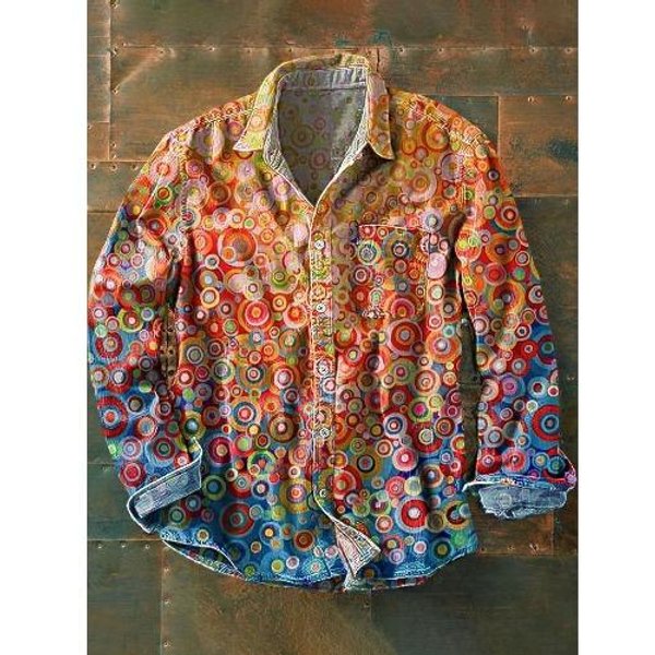 Camisa De Manga Larga Para Hombre Con Botones Y Estampado De Bloques De Color Estilo Retro M-image