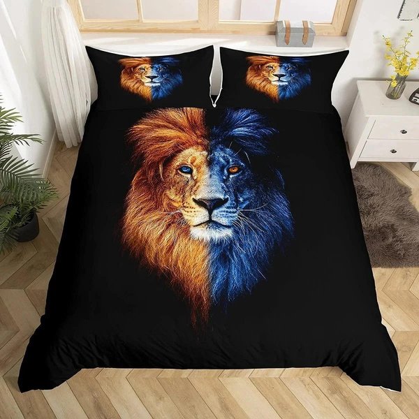 Funda NóRdica LeóN Negro Animal Con Ropa De Cama Funda De Almohada ColeccióN De Ropa De Cama De 3 Piezas Individual Doble King Queen TamañO Completo 1 Colcha 2 Fundas De Almohada 70X133Cm 2Pcs-image