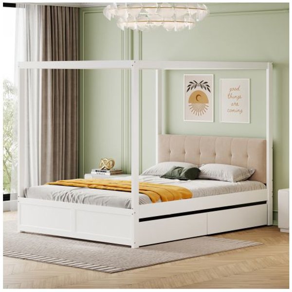 Cama Con Dosel - Muvoe - 140X200 Cm - Madera Blanca - Cabecero Tapizado - Cajones Grandes-image