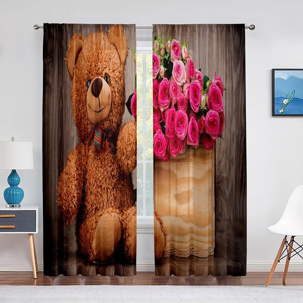 Oso De Peluche Divertido Sosteniendo Una Caja De Regalo Corazones De Amor Cortinas TraslúCidas Para DecoracióN De Sala De Estar Dormitorio Cocina Visillos Para Ventana Cortina De Tul 1 PCS W100Xh250Cm&Grommet Top-image