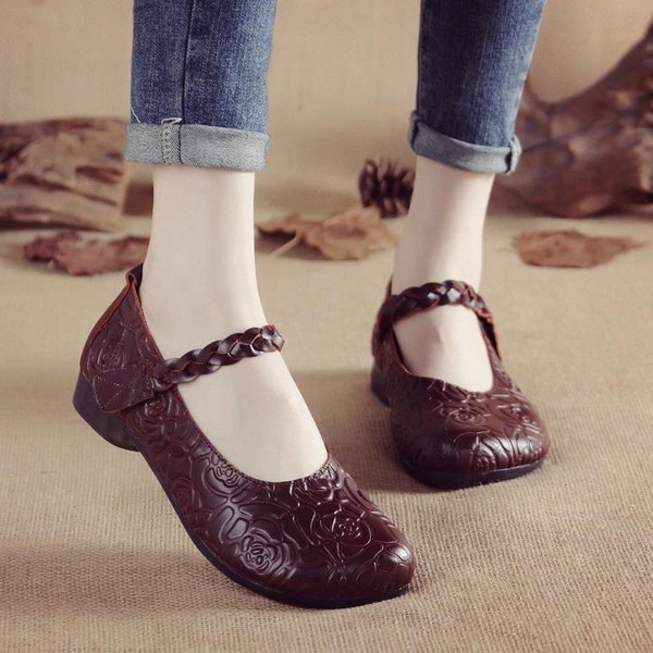 Prawdziwa SkóRa Buty Matki Damskie Pojedyncze Buty Plecione PłAska Podeszwa Wiosna MięKka SkóRa MięKka Podeszwa Kwadratowy Nosek MięKka Podeszwa AntypośLizgowe Wiosna I Jesień 41 Gray-image
