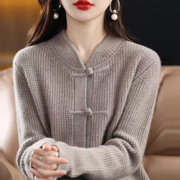 100% Kaszmirowy Kardigan Damski Jesienno-Zimowy Nowy ChińSki Styl Retro Guziki Sweter Do PołOwy WysokośCi LuźNy, Jednokolorowy, WełNiany, Dzianinowy Top XXL Gray-image