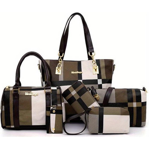 6 Szt. Damskie Torebki Torby Tote Torba Na Ramię Portmonetki Torba Listonoszka Torebka Z GóRnym Uchwytem Torba Crossbody Portfel KopertóWka Kawowy-image