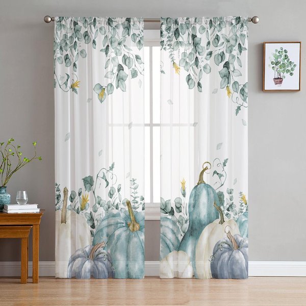Jesienne Dynie LiśCie Eukaliptusa Przezroczyste ZasłOny Do Sypialni Salonu Woalowe ZasłOny Okienne Tiulowe ZasłOny Do Pokoju DziecięCego 135W X 114H(Cm) White-image