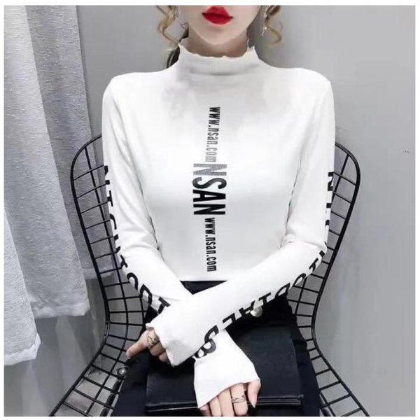 Nueva Camiseta Interior OtoñO E Invierno Cuello Medio Alto CombinacióN Interior VersáTil Ajustada Alta Elasticidad Estampada Camiseta De Manga Larga M Negro-image