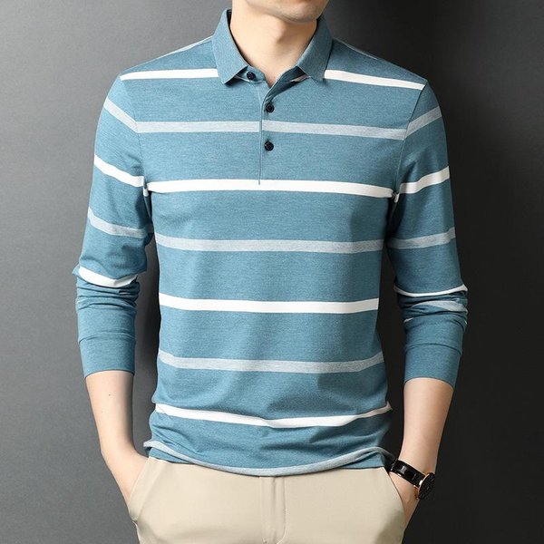 Primavera Y OtoñO Nueva Camiseta De Manga Larga Para Hombre Estilo Coreano De Moda Juventud Casual Negocios Rayas Solapa Camiseta Polo BáSica Para Hombre Xxxl Gray-image