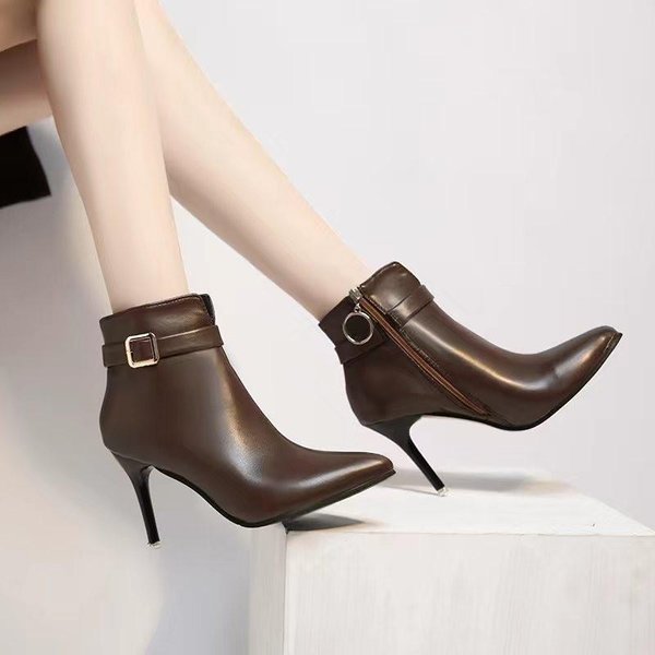 Zapatos De Alta Calidad Para Mujer Primavera Y OtoñO Botas De Mujer Color SóLido Punta Puntiaguda Cremallera Tacones Altos Zapatillas De Mujer 40 MarróN Oscuro-image