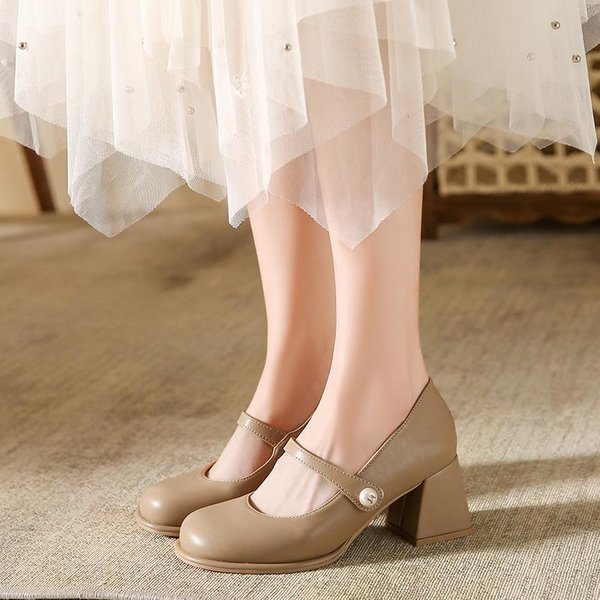 Zapatos Mary Jane De Cuero Genuino Para Mujer Primavera Y Verano Nuevos Tacones Altos Gruesos Franceses Estilo Hada Con Salones De Falda 41 Beige-image