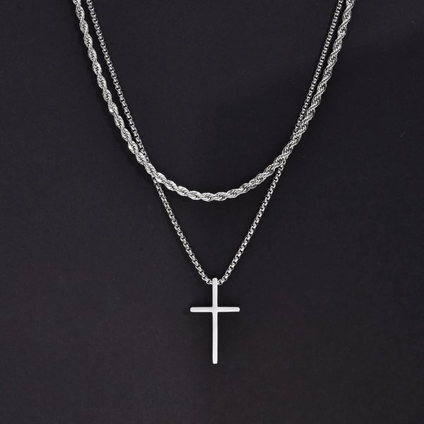 2 Szt. Stal Nierdzewna Krzyż Wisiorek Naszyjnik Dla MężCzyzn Stal Tytanowa SkręCony Sznurek PudełKowe Ogniwo Choker Kobiety Punk Moda BiżUteria Srebro-image