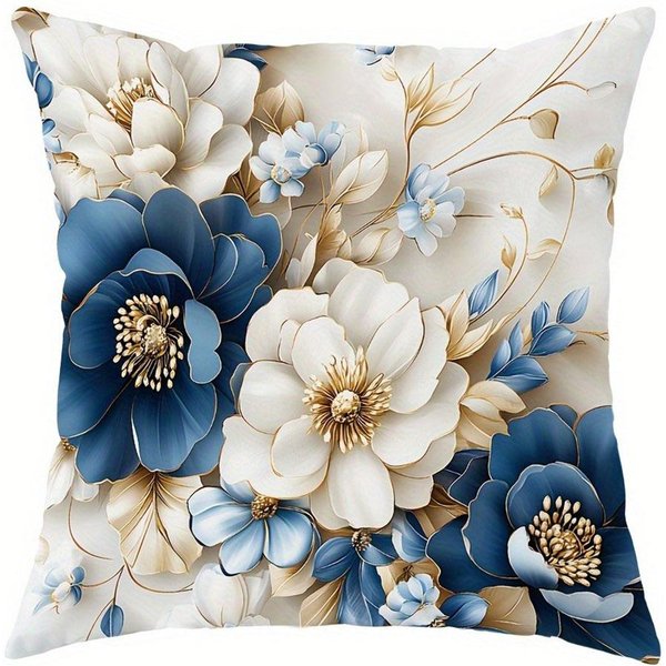 PatróN Floral Azul Blanco Dorado Lujo Ligero DecoracióN Del Hogar Funda De Almohada Sala De Estar Sofá Funda De CojíN De PoliéSter Con Cremallera 50X50Cm-image