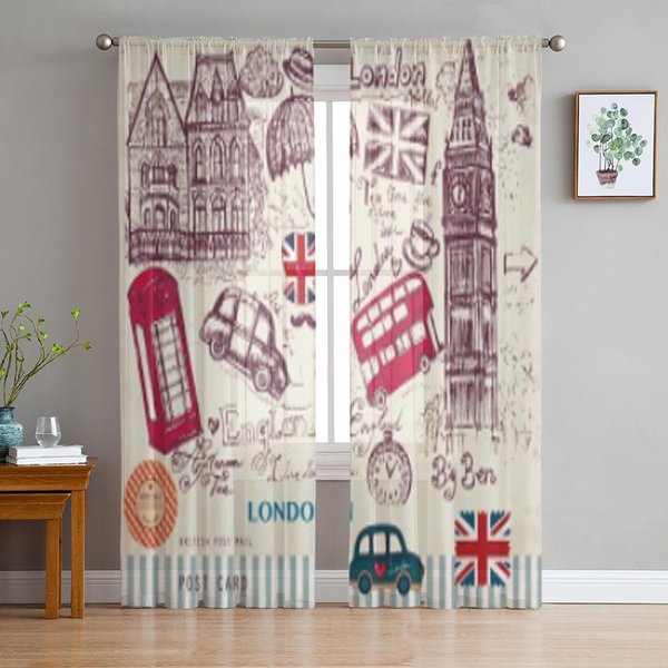Cortinas Transparentes SíMbolos De Londres Para Sala De Estar Tul Transparente Tratamientos De Ventana Dormitorio Cocina DecoracióN Del Hogar Cortinas De Velos 135W X 213H(Cm)-image
