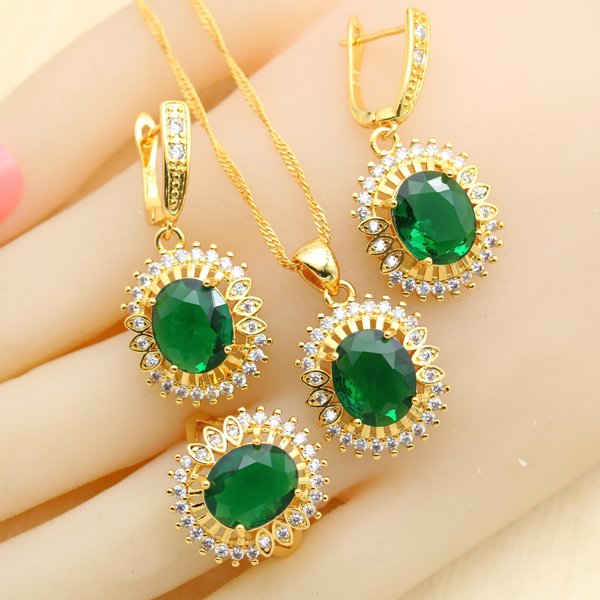 Novedades Juegos De JoyeríA Color Dorado Para Mujeres Boda Zirconio Verde Pulsera Pendientes Collar Colgante Anillo Regalo 10-image