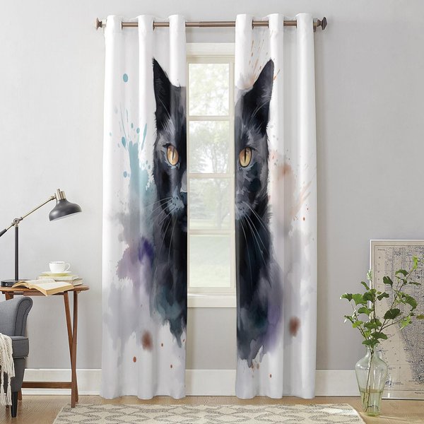Cortinas Modernas De Acuarela De Gato Animal Para Sala De Estar Dormitorio Cortina Cocina Tratamiento Persianas Cortinas 135W X 60H(Cm) X1 Gray-image