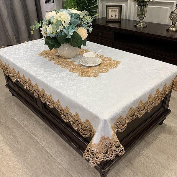 Mantel Rectangular Lujo Bordado Encaje Cubierta De Mesa Flor Elegante Hueco Mantel Toallas DecoracióN Mesa De Comedor 140X200Cm-image