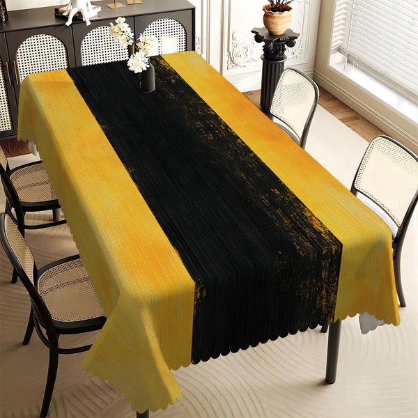 Nowoczesny Czarno-ŻółTy Gradientowy Obrus, Abstrakcyjny WzóR W Paski Z Falbankowym Brzegiem, Plamoodporny Do Jadalni I Chic 140X220Cm-image