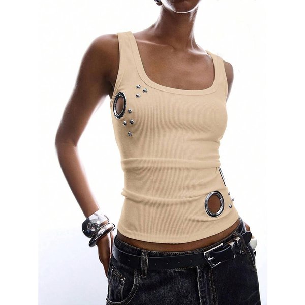 Damski Top Bez RęKawóW Z Dzianiny PrążKowanej Z Ozdobnymi ćWiekami, Casualowy, Dopasowany KróJ, Dekolt OkrąGłY XL Beige-image