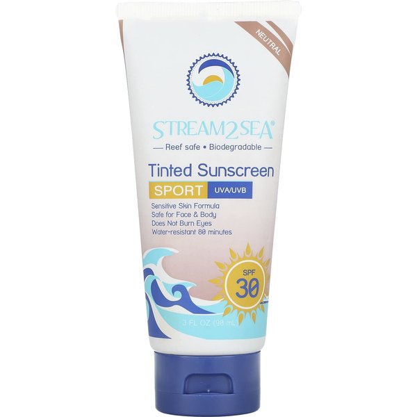 Stream2Sea, Tinted Sunscreen, Sports, SPF 30, Unscented, 3 Fl Oz (90 Ml) White-image