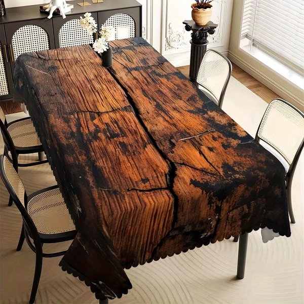 Rustykalny, Postarzany Drewniany Obrus, Z Nadrukiem SpęKanych Desek I Falbankowym Brzegiem, Plamoodporny, Do Jadalni I Wystroju W Stylu Wiejskim 140X160Cm-image