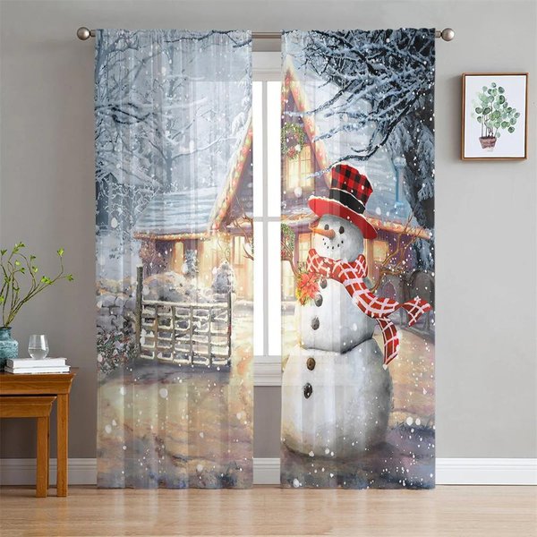 Cortinas Visillos Tul Escena De Nieve MuñEco De Nieve NavideñO Lindo Para DecoracióN De Sala De Estar Dormitorio ChifóN Transparente Voile Cortina De Ventana 2 Piezas W65X60H(Cm)X2Pcs&Grommet Top-image