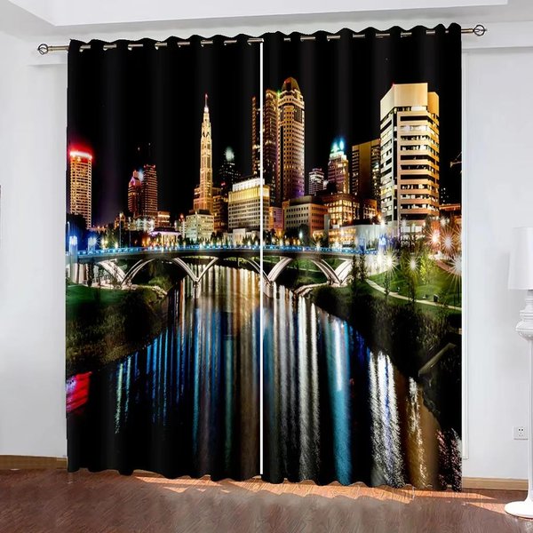2 Szt. Nowoczesne ZasłOny Z Nadrukiem 3D Z Widokiem Nocnym Miasta, Dekoracyjne ZasłOny Okienne Do Sypialni, Salonu, Kuchni, Dekoracja Domu W60Xh100(Cm)X2Pcs&Grommet Top-image