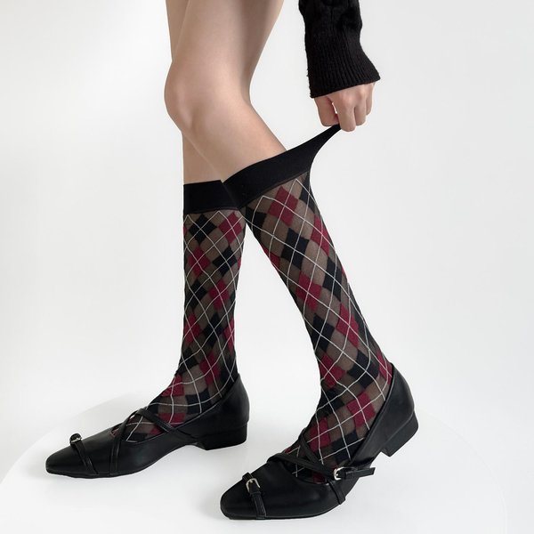 Calcetines Para Mujer Estilo Universitario A Cuadros Calcetines Largos Medias Para Mujer Terciopelo Fino Transpirable Chicas JK Moda Japonesa Calcetines Largos Vintage EUR 34-39-image