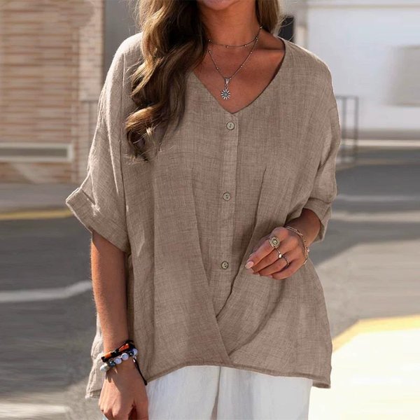 Bluzka Damska Z KróTkim RęKawem, Dekoltem W Serek, BawełNą I Lnem, LuźNy KróJ, Swobodny Top Xxxxxl Khaki-image