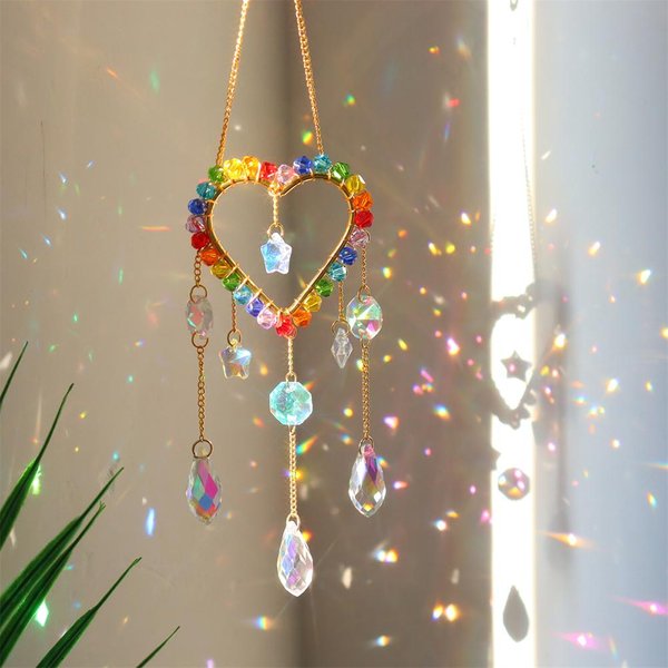CarillóN De Viento De Cristal, AtrapasueñOs, Luna, Sol, Prismas De Diamante, Colgante, AtrapasueñOs, ArcoíRis, DecoracióN Para Exteriores, Hogar Y JardíN.-image
