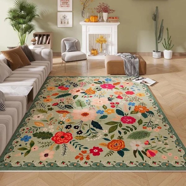 Alfombra Rosa Floral Vintage Para Sala De Estar Lavable Bohemio Alfombra De ÁRea Antideslizante Cocina Encantadora Planta DecoracióN De Interior Alfombra GuarderíA 80*120Cm-image