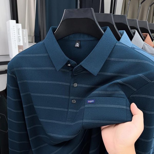 2025 Camiseta Polo De Manga Larga Para Hombre Primavera Y OtoñO Con Cuello Rayado Y Bolsillos Sueltos M Black-image