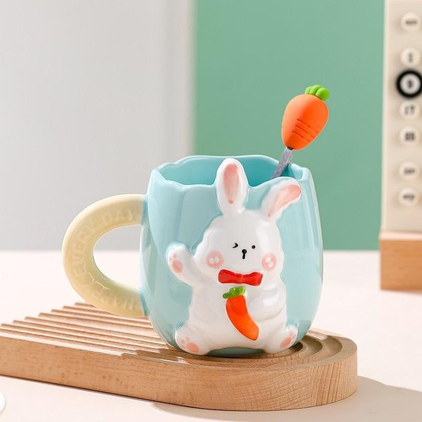 Taza De CeráMica Pintada A Mano Conejo Lindo En Relieve Taza De Café Para El Hogar Taza De Agua Para Parejas Regalo Para NiñAs Souvenir 301—400Ml Blue-image