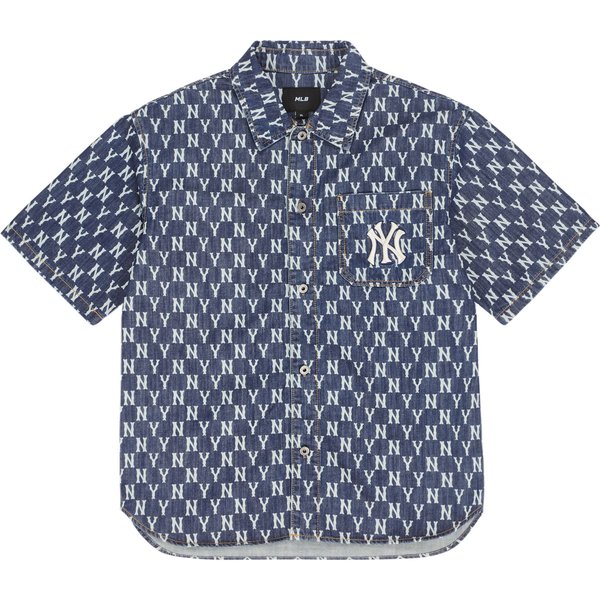 Camisa De Mezclilla De Manga Corta MLB New York Yankees Logo CláSico Estampado Integral Corte Holgado Un BotóN Unisex Azul 3ADRMN123-50BLS XS-image
