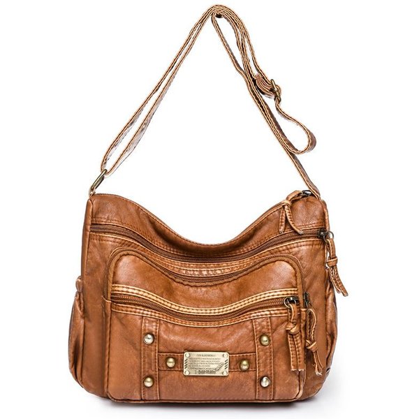 Jesień Nowa Damska Torba Na Ramię BrąZowa Retro Luksusowa MięKka SkóRa Damska Torba Crossbody DużA Pojemność Nitowana Torba Crossbody Brown-image