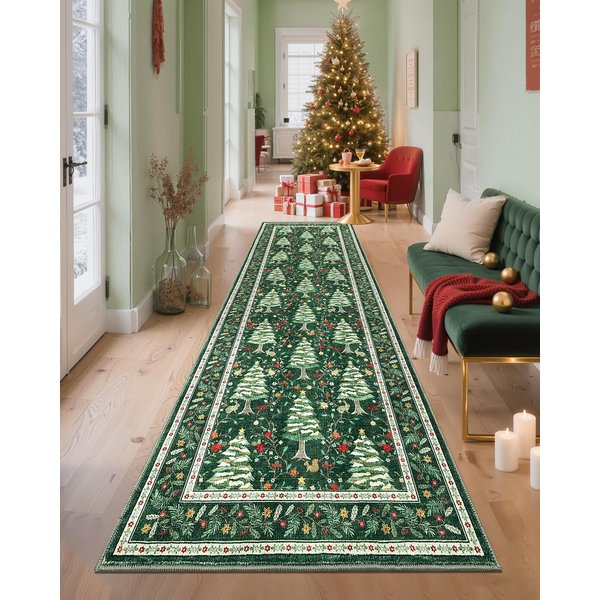 Czerwony ŚWiąTeczny Dywanik Korytarzowy AntypośLizgowy Zmywalny Odporny Na Plamy Druk Choinki ZwierząT ŚWiąTeczna Dekoracja Domu 40X120CM(1.3X3.9FT-image